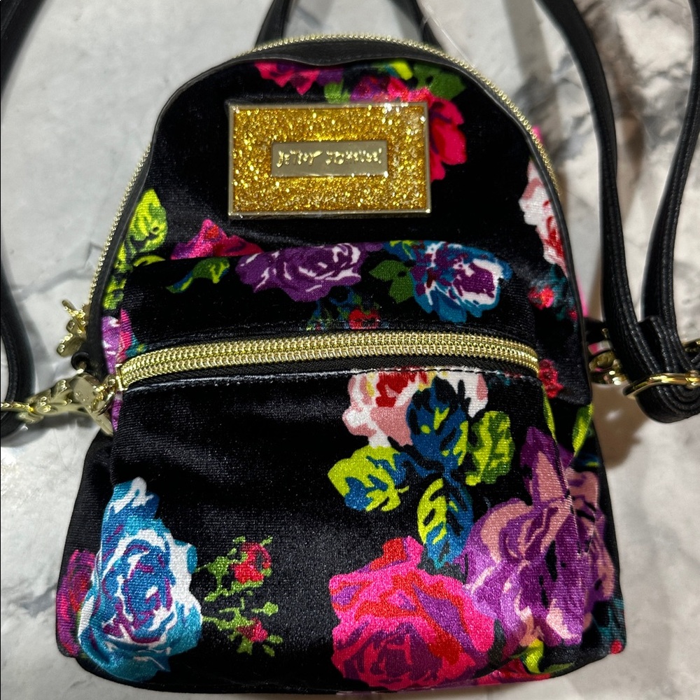 NWT! Betsey Johnson Velvet Black and Multicolor Floral Covertible Backpack - Picture 7 of 14
